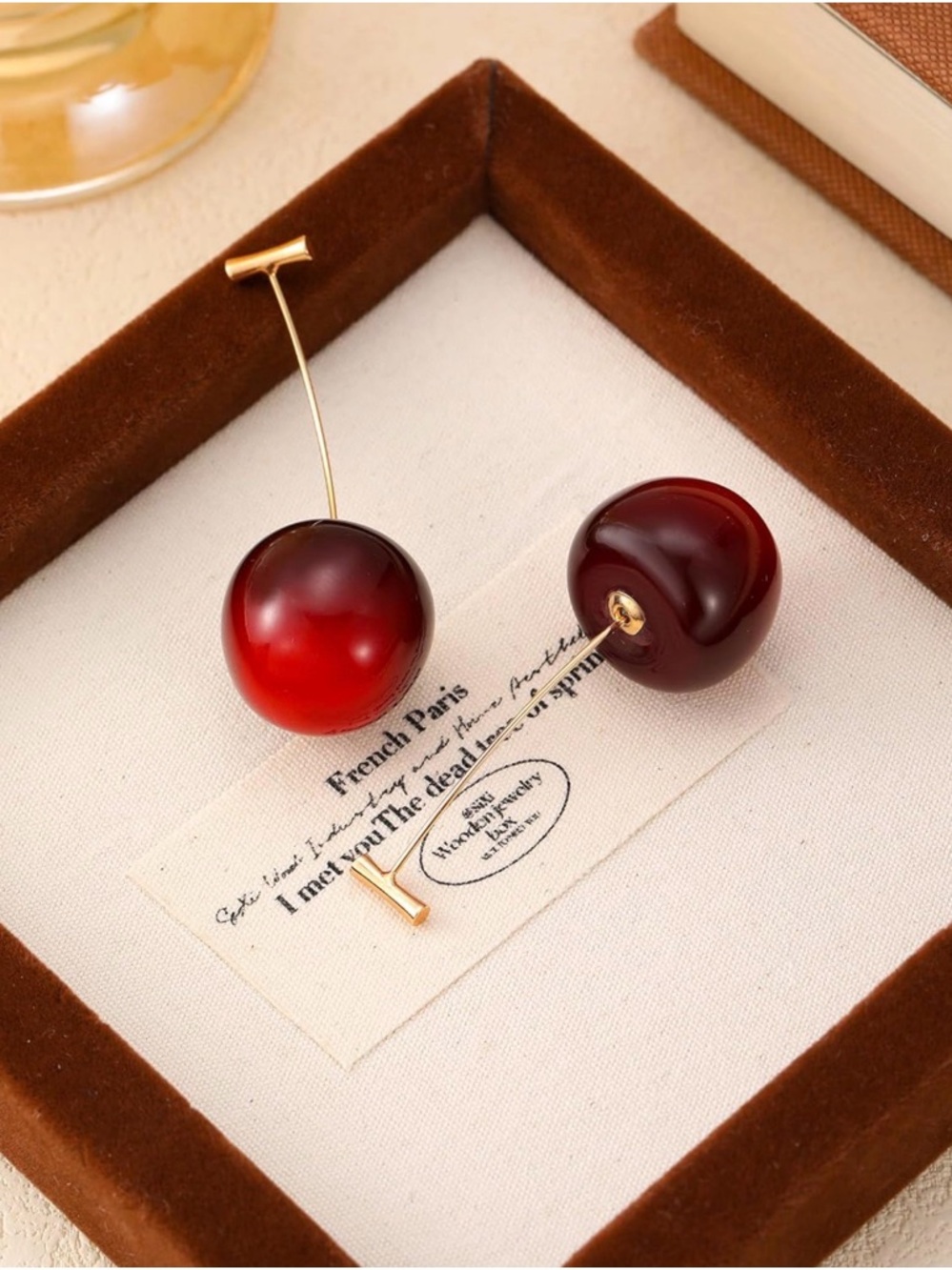 Cherry Drop Earrings Gold Tone Resin Statement Minimalist Chic Coquette Cute NWT - Picture 4 of 6